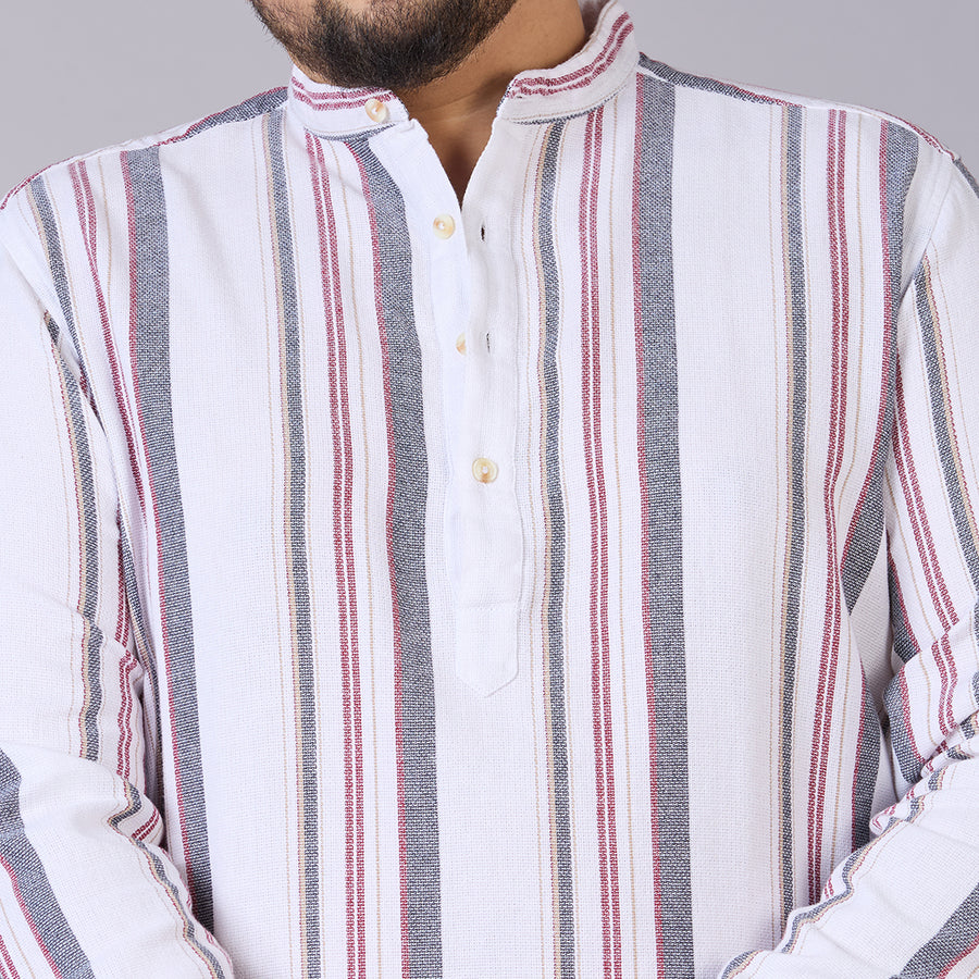 Plus Size Men's White Dobby Stripe Mandarin Collar Shirt