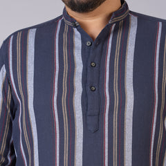 Plus Size Men's Charcoal Grey Dobby Stripe Mandarin Collar Shirt