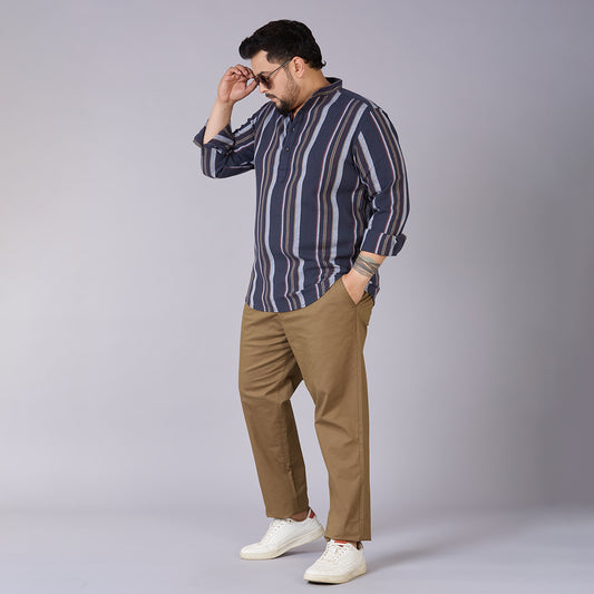 Plus Size Men's Charcoal Grey Dobby Stripe Mandarin Collar Shirt