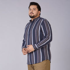 Plus Size Men's Charcoal Grey Dobby Stripe Mandarin Collar Shirt