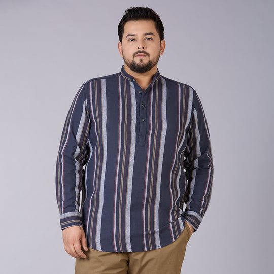 Plus Size Men's Charcoal Grey Dobby Stripe Mandarin Collar Shirt