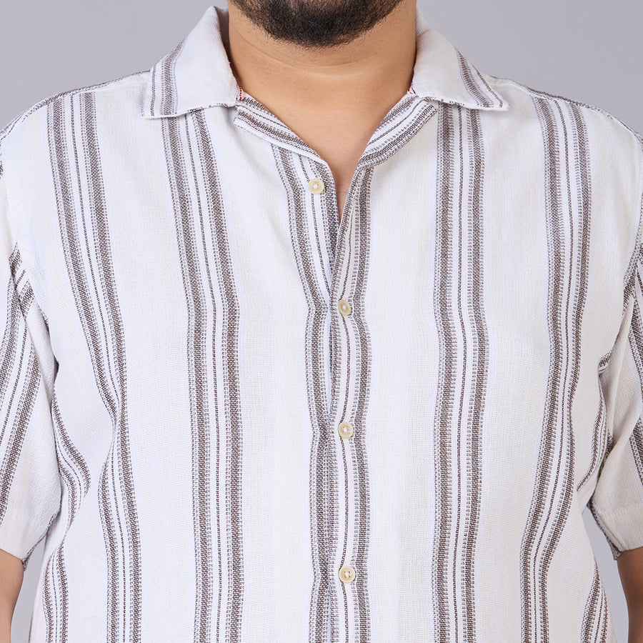 Plus Size Men's White Dobby Stripe Cuban Collar Shirt