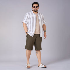 Plus Size Men's White Dobby Stripe Cuban Collar Shirt