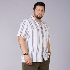 Plus Size Men's White Dobby Stripe Cuban Collar Shirt