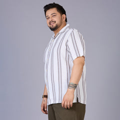 Plus Size Men's White Dobby Stripe Cuban Collar Shirt