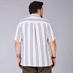 Plus Size Men's White Dobby Stripe Cuban Collar Shirt