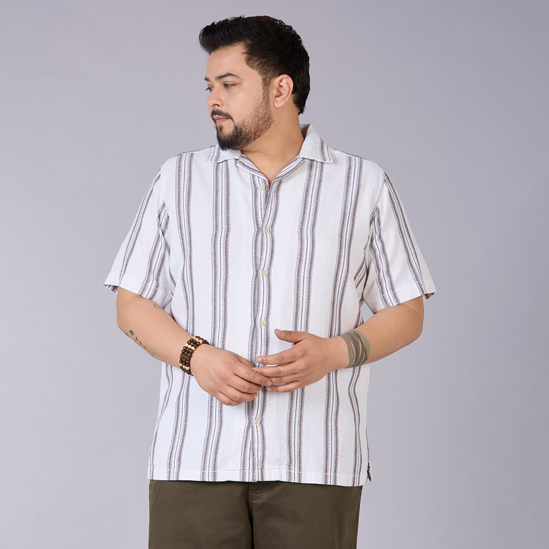 Plus Size Men's White Dobby Stripe Cuban Collar Shirt