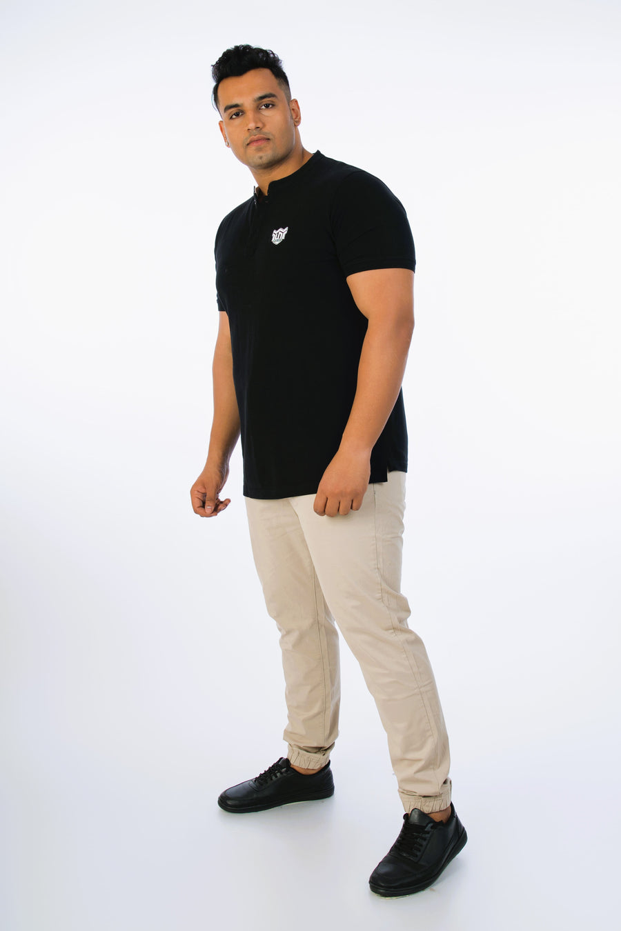 Mens Plus Size Black Solid Stand Collar polo