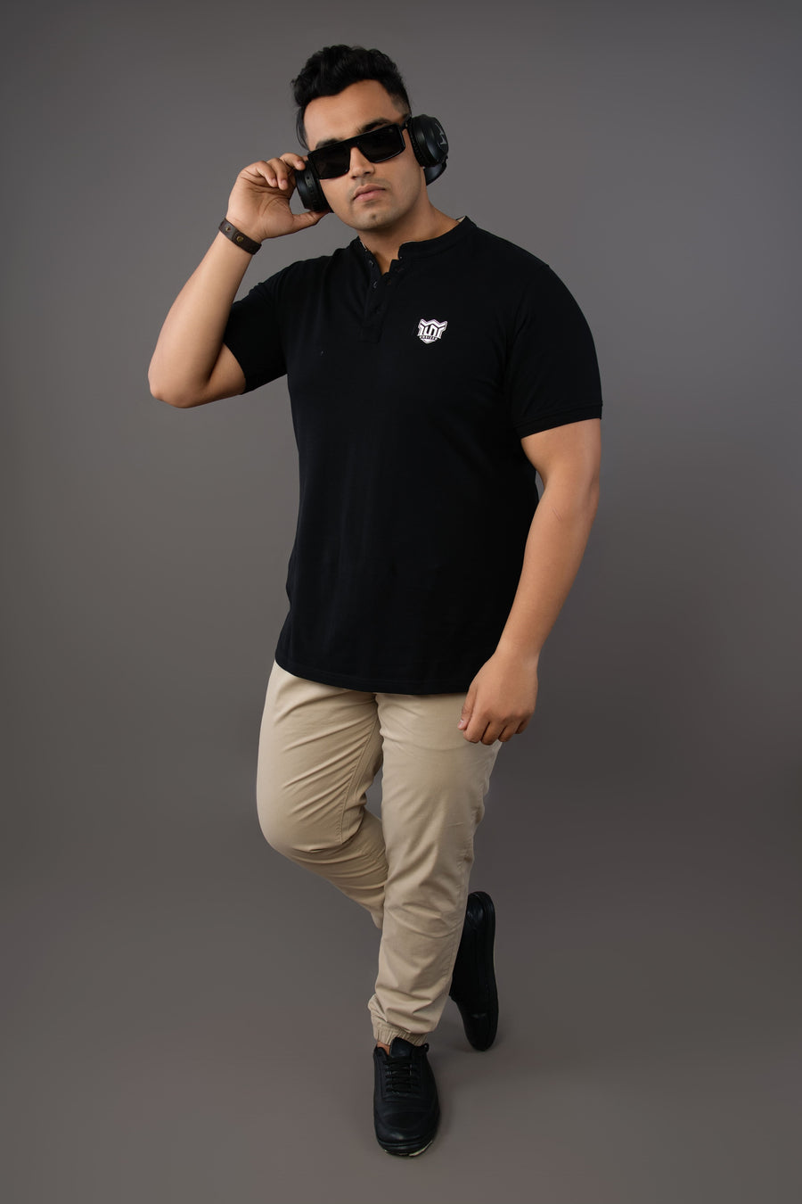 Mens Plus Size Black Solid Stand Collar polo