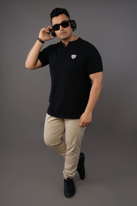 Mens Plus Size Black Solid Stand Collar polo