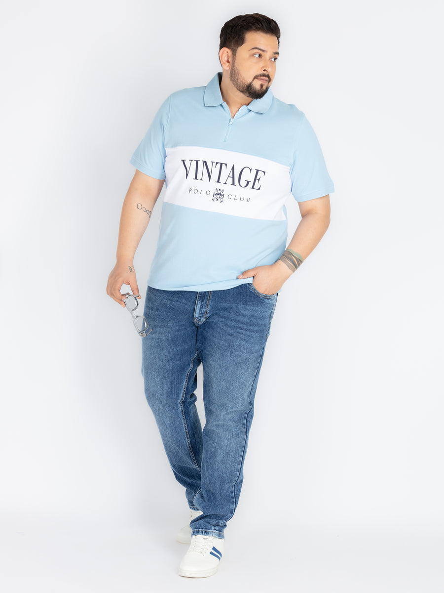 Plus Size Mens Blue printed Polo
