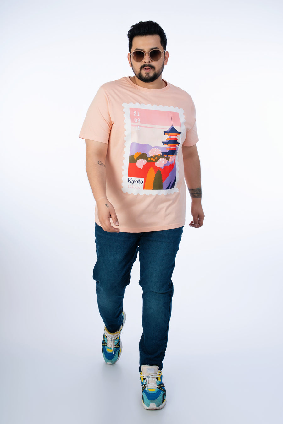 Mens Plus Size-Peach Crew Neck Graphic Tee