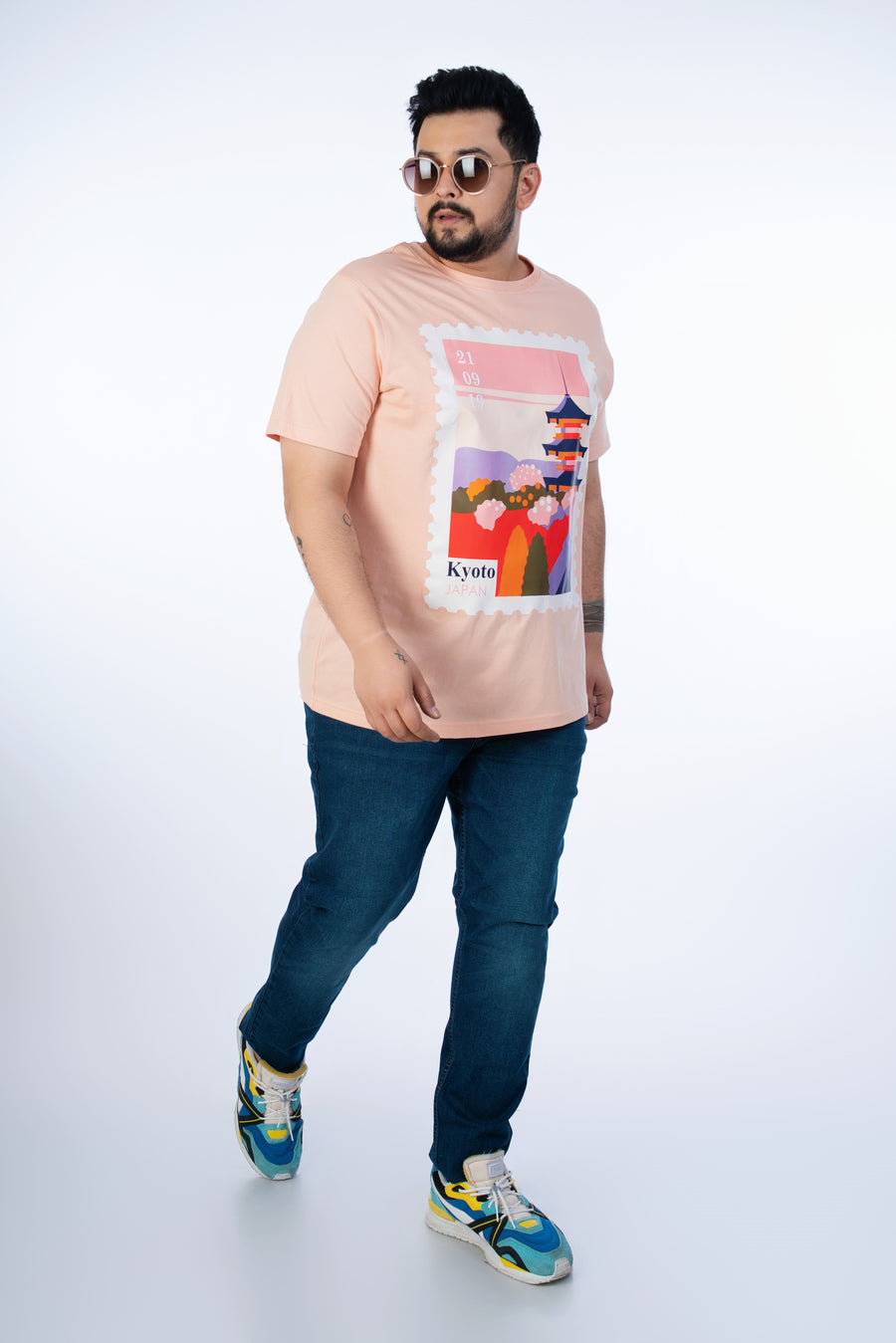 Mens Plus Size-Peach Crew Neck Graphic Tee