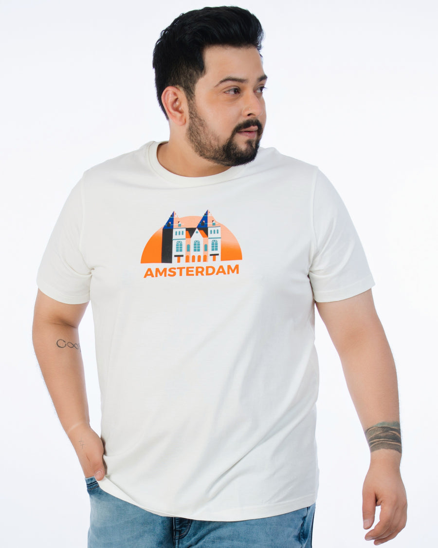 Mens Plus Size-Off White Crew Neck Graphic Tee