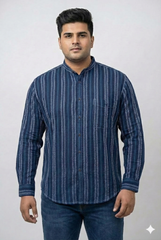 Plus Size Men's Indigo Dobby Stripe Mandarin Collar Shirt with Stone Wash Finish