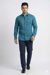 Plus Size Men's Teal Green Paisley Print Cotton Satin Shirt
