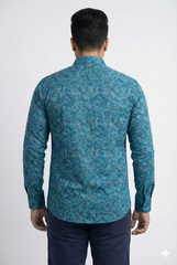 Plus Size Men's Teal Green Paisley Print Cotton Satin Shirt