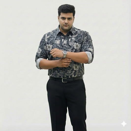 Plus Size Men's Cotton Satin Printed Evening wear Shirt with Spread Collar