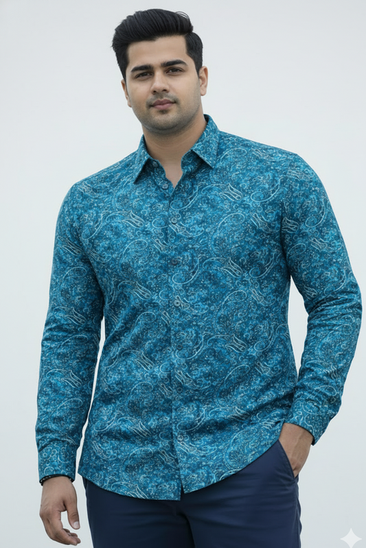 Plus Size Men's Teal Green Paisley Print Cotton Satin Shirt