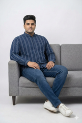 Plus Size Men's Indigo Dobby Stripe Mandarin Collar Shirt with Stone Wash Finish