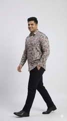 Plus Size Men's Cotton Satin Printed Evening wear Shirt with Spread Collar