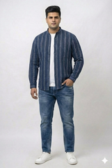 Plus Size Men's Indigo Dobby Stripe Mandarin Collar Shirt with Stone Wash Finish