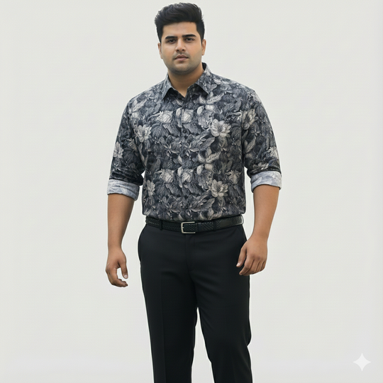 Plus Size Men's Cotton Satin Printed Evening wear Shirt with Spread Collar