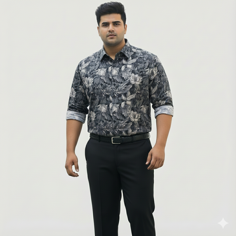 Plus Size Men's Cotton Satin Printed Evening wear Shirt with Spread Collar