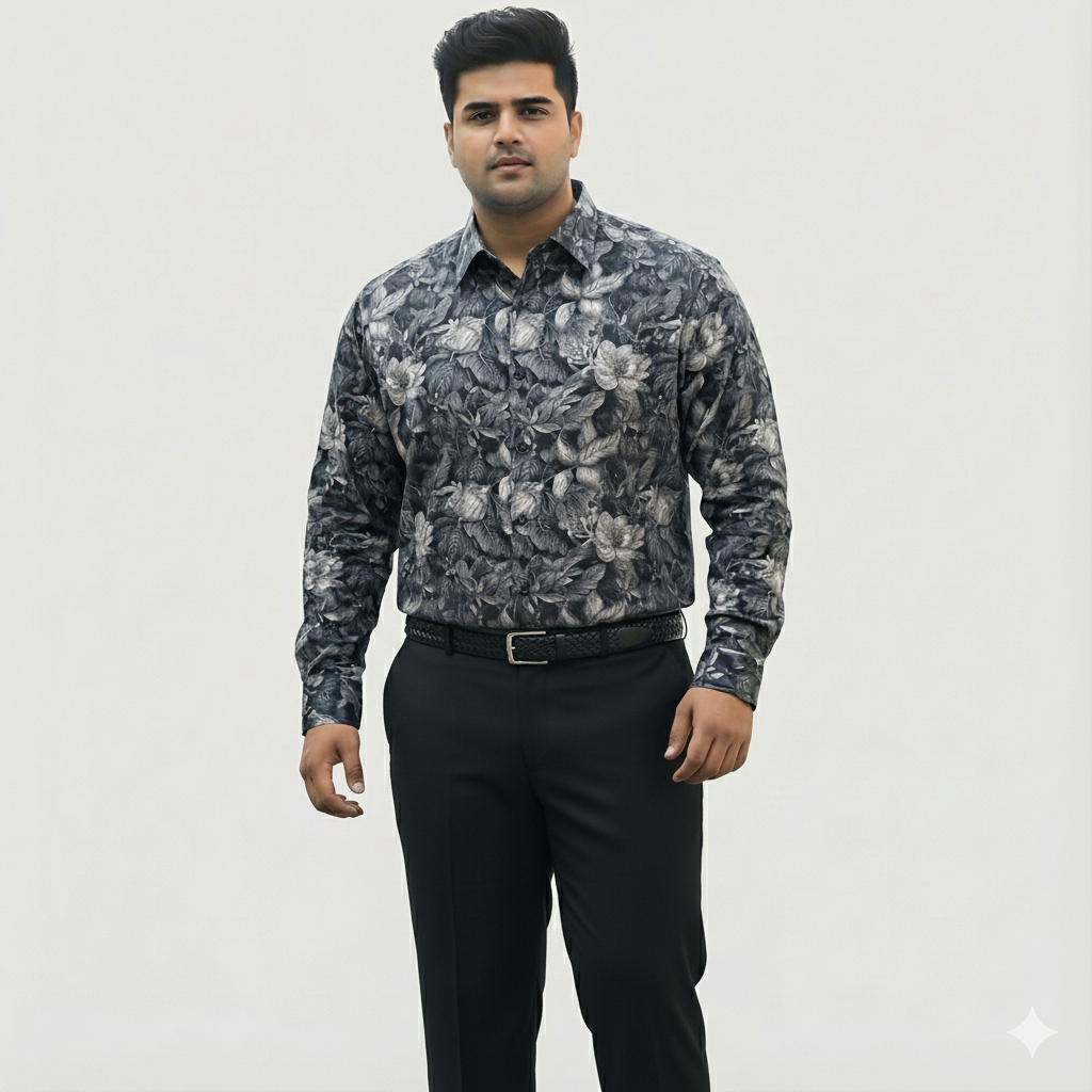 Plus Size Men's Cotton Satin Printed Evening wear Shirt with Spread Collar