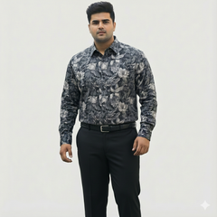 Plus Size Men's Cotton Satin Printed Evening wear Shirt with Spread Collar