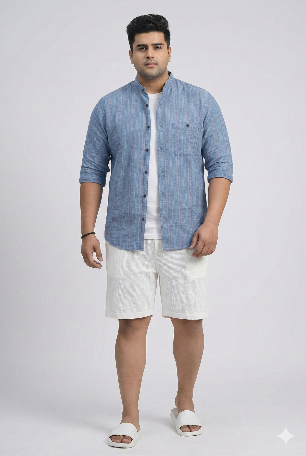 Plus Size Men's Indigo Dobby Stripe Mandarin Collar Shirt with Stone Wash Finish