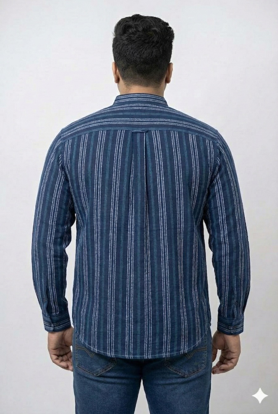 Plus Size Men's Indigo Dobby Stripe Mandarin Collar Shirt with Stone Wash Finish