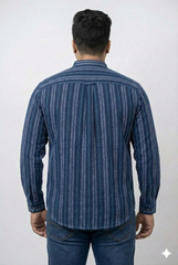 Plus Size Men's Indigo Dobby Stripe Mandarin Collar Shirt with Stone Wash Finish