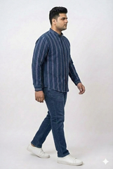 Plus Size Men's Indigo Dobby Stripe Mandarin Collar Shirt with Stone Wash Finish