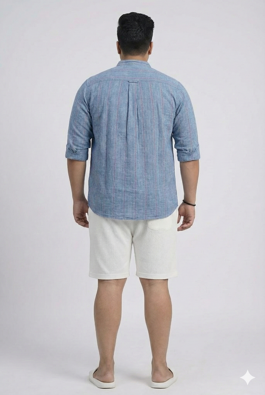 Plus Size Men's Indigo Dobby Stripe Mandarin Collar Shirt with Stone Wash Finish