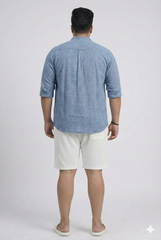 Plus Size Men's Indigo Dobby Stripe Mandarin Collar Shirt with Stone Wash Finish