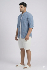 Plus Size Men's Indigo Dobby Stripe Mandarin Collar Shirt with Stone Wash Finish