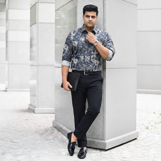 Plus Size Men's Cotton Satin Printed Evening wear Shirt with Spread Collar