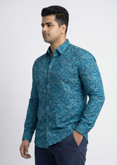 Plus Size Men's Teal Green Paisley Print Cotton Satin Shirt