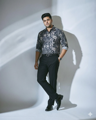 Plus Size Men's Cotton Satin Printed Evening wear Shirt with Spread Collar
