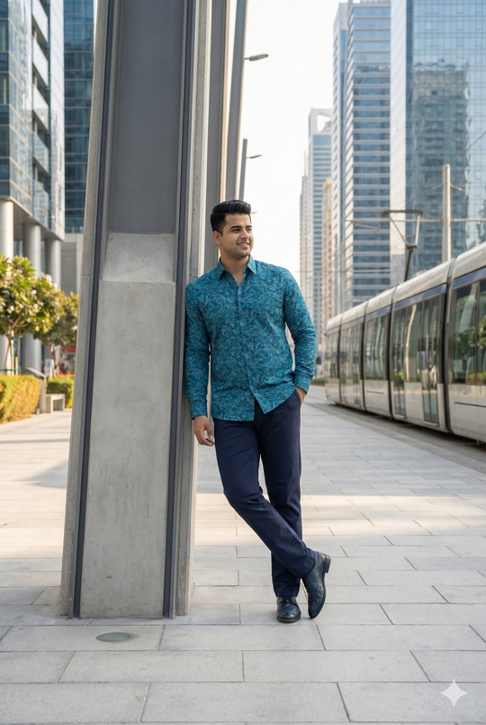 Plus Size Men's Teal Green Paisley Print Cotton Satin Shirt