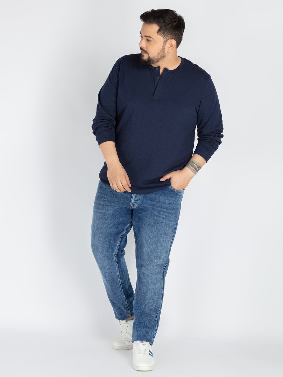 Mens Plus Size Navy Solid Henley tee