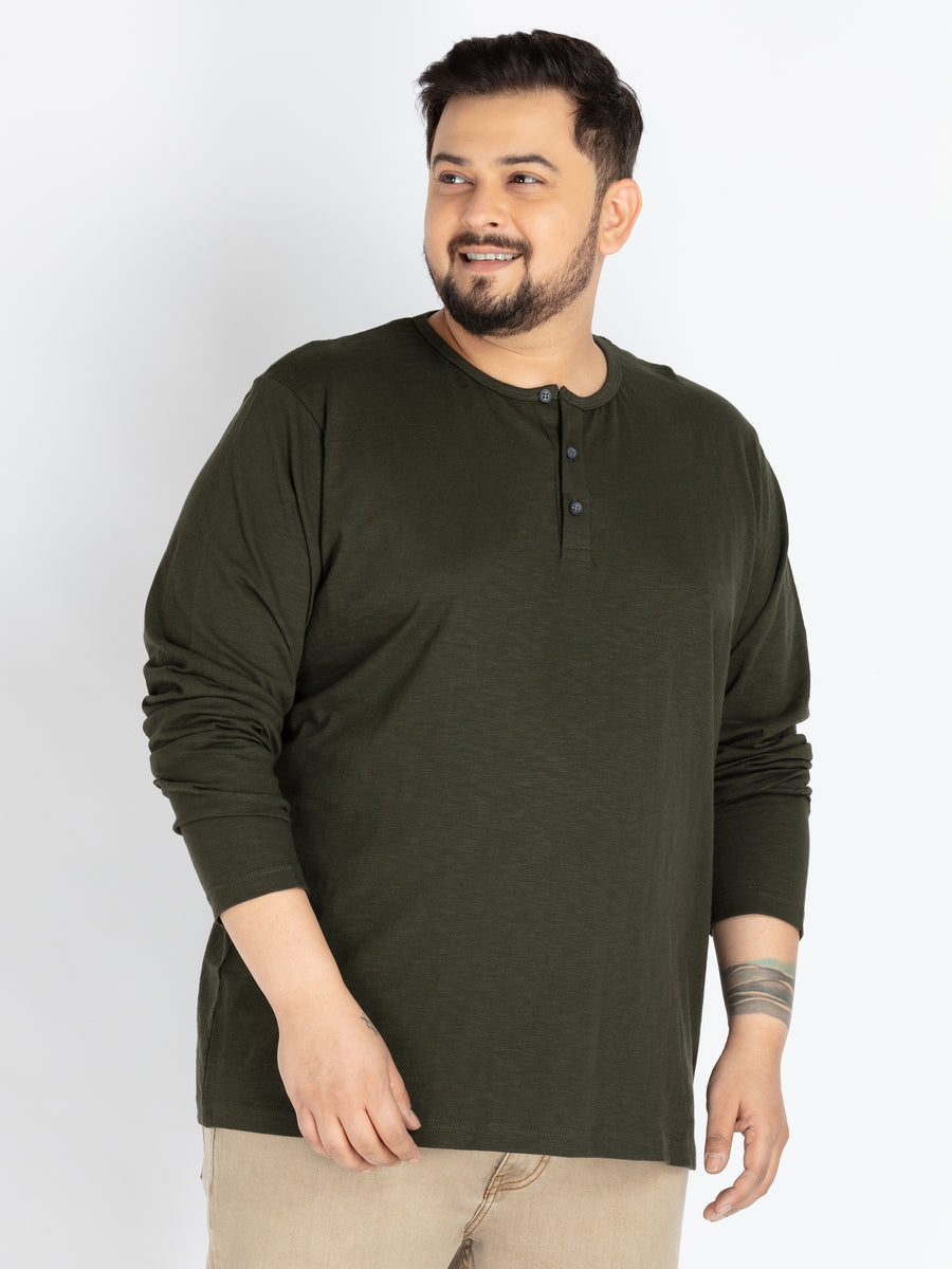 Mens Plus Size Olive Solid Henley tee
