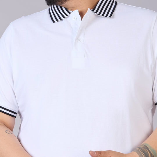 Mens Plus Size White Classic Polo with Contrast Stripe Cuffs and Collar