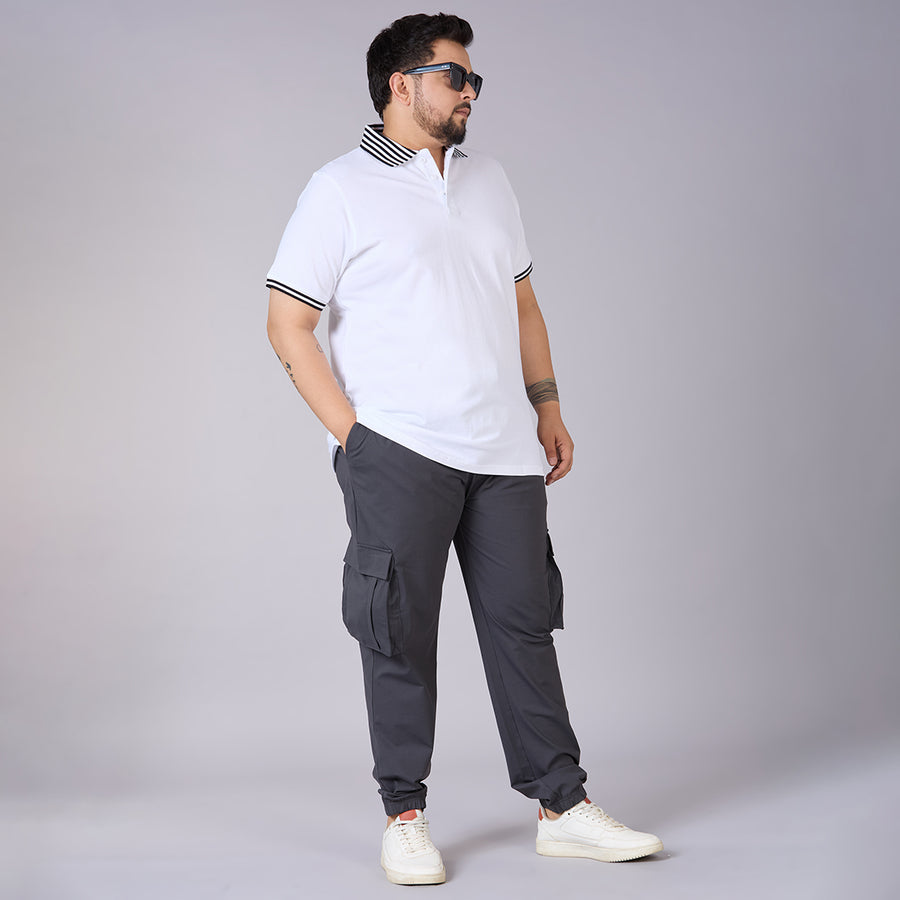 Mens Plus Size White Classic Polo with Contrast Stripe Cuffs and Collar