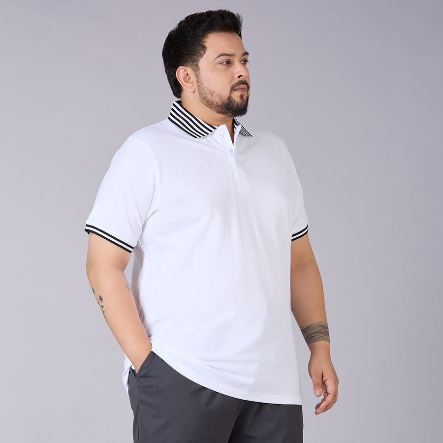 Mens Plus Size White Classic Polo with Contrast Stripe Cuffs and Collar