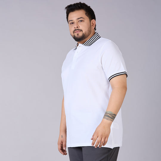 Mens Plus Size White Classic Polo with Contrast Stripe Cuffs and Collar