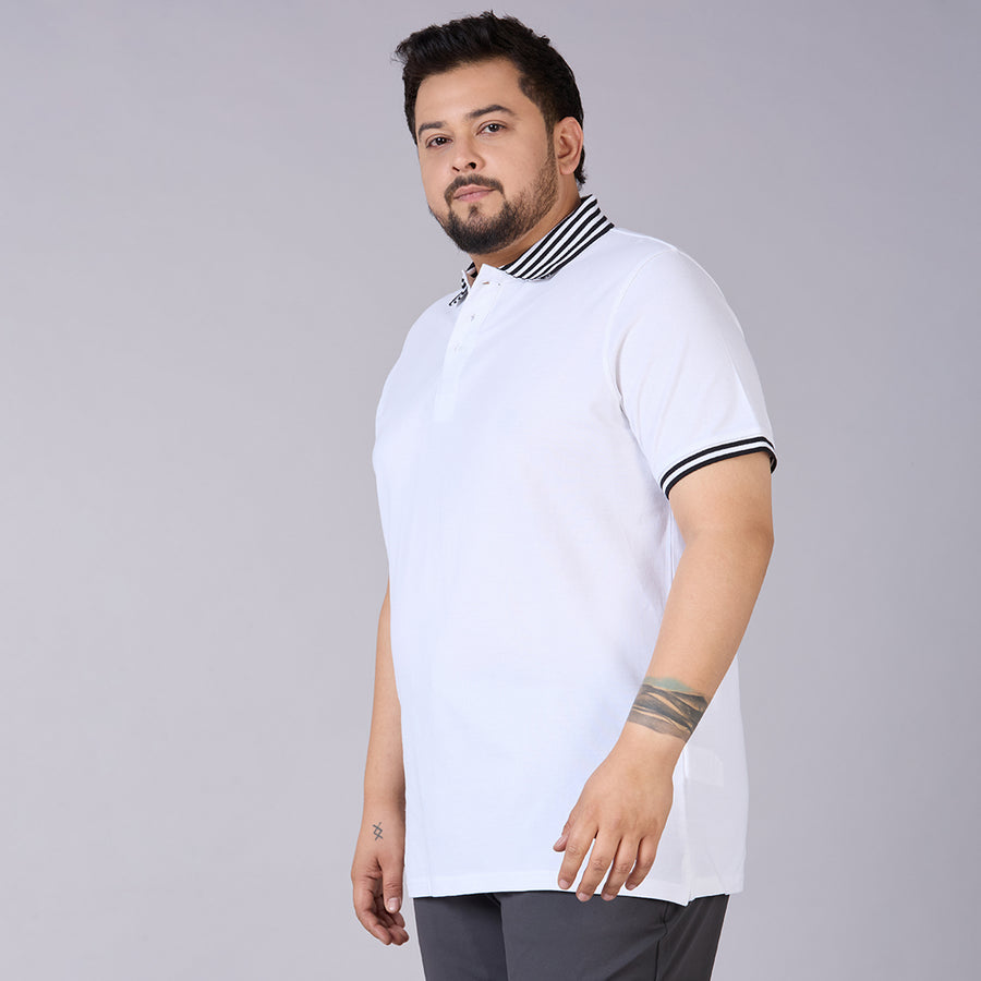 Mens Plus Size White Classic Polo with Contrast Stripe Cuffs and Collar