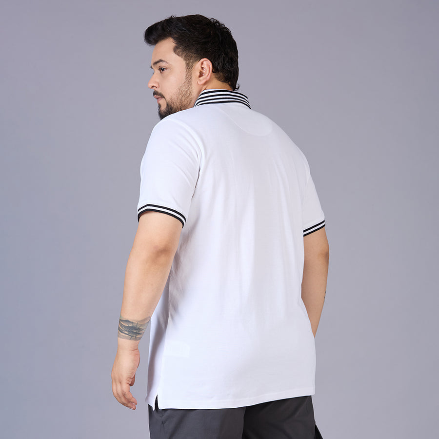Mens Plus Size White Classic Polo with Contrast Stripe Cuffs and Collar