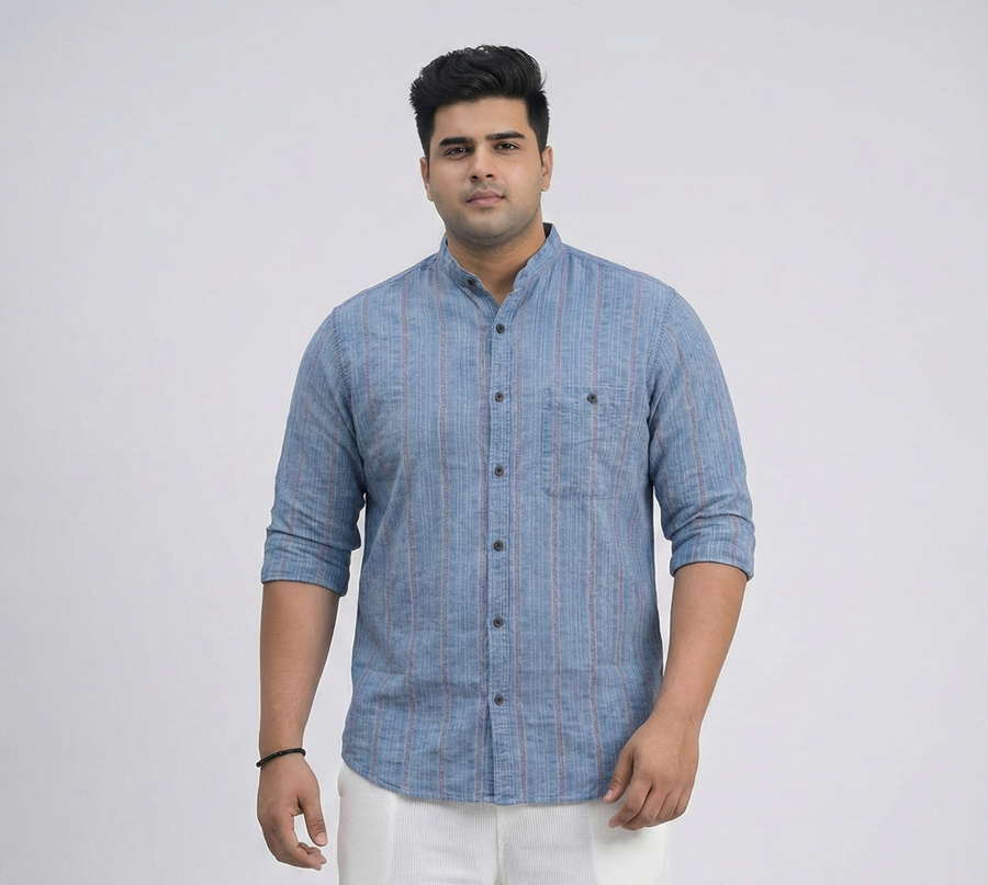 Plus Size Men's Indigo Dobby Stripe Mandarin Collar Shirt with Stone Wash Finish